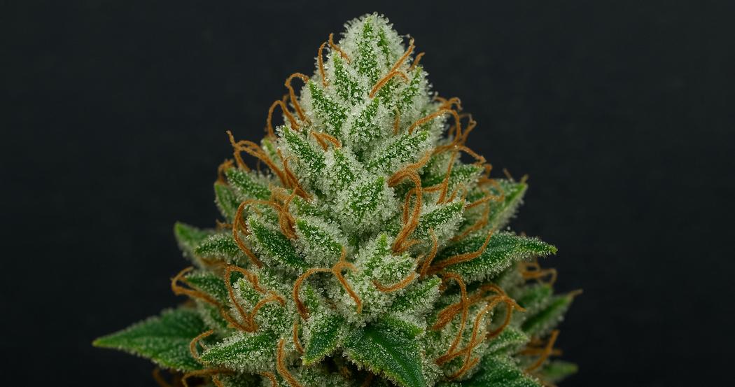 AI Generated Image: Studio macro close-up of dense cannabis bud showcasing milky and amber trichomes against a matte charcoal background with sharp detail and soft lighting.