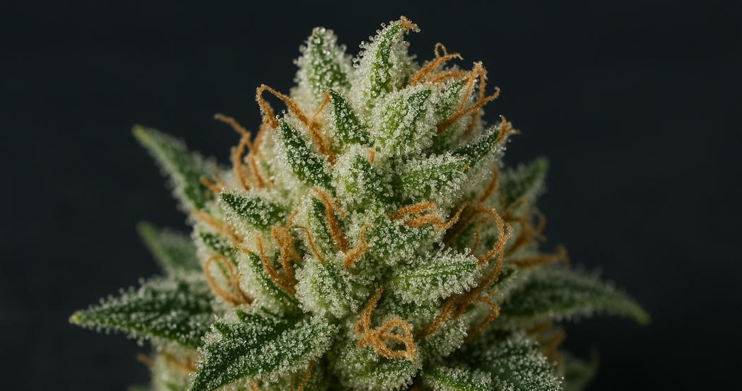 AI Generated Image: Close-up macro image of cannabis bud with milky crystalline trichomes on matte charcoal background, three-quarter angle with soft studio lighting.