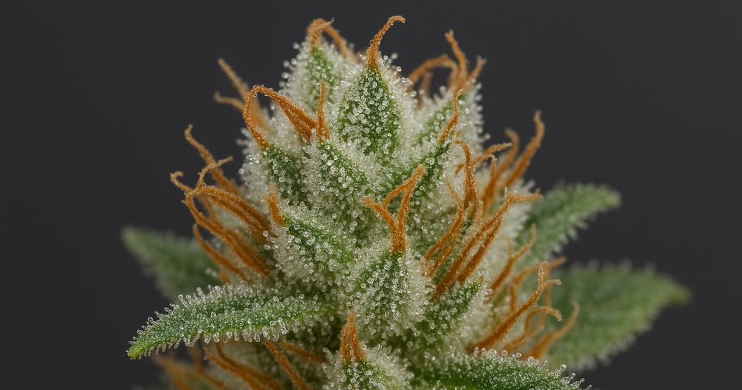 AI Generated Image: Studio macro image of cannabis bud densely covered with milky crystalline trichomes on a matte charcoal background