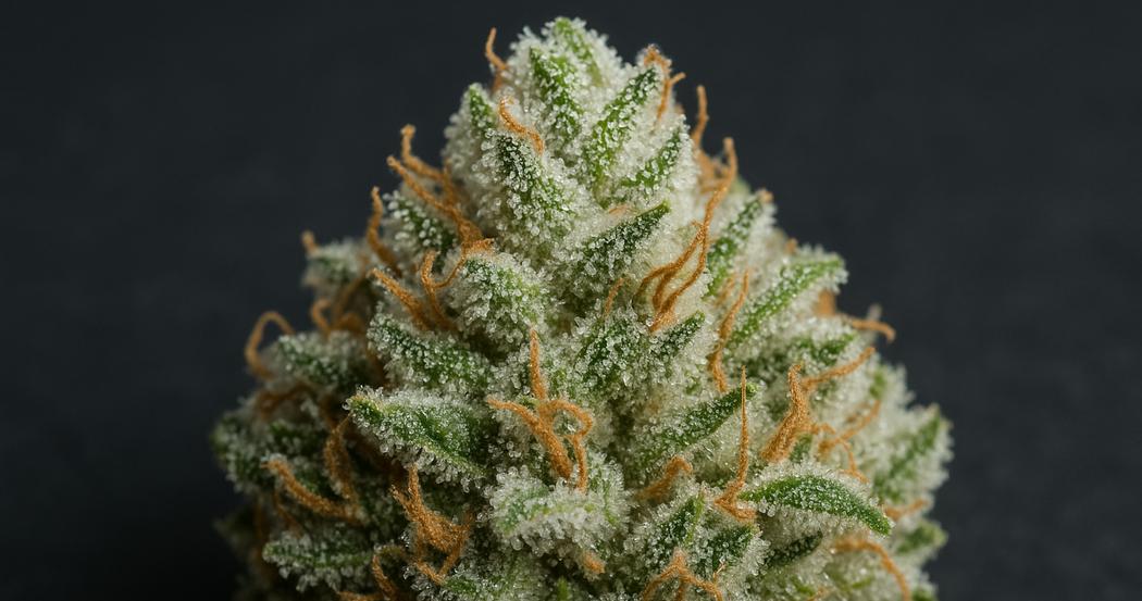 AI Generated Image: Close-up macro studio image of a cannabis bud covered in milky frost trichomes on a matte charcoal background with soft diffused lighting.