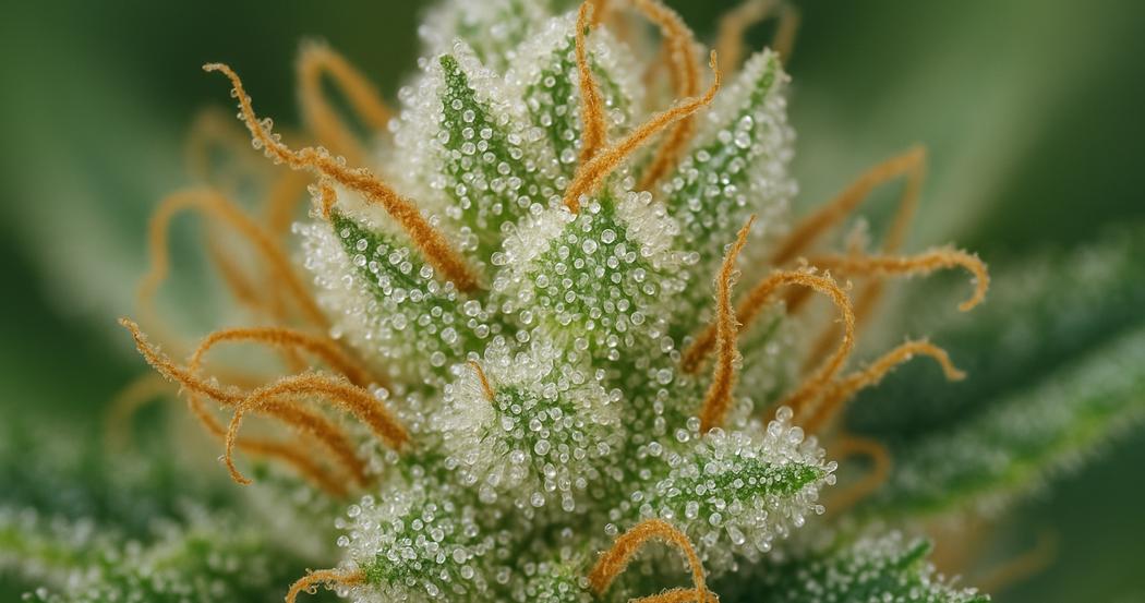 AI Generated Image: Tack-sharp macro image of cannabis bud densely coated with milky crystalline trichomes against neutral light-gray background