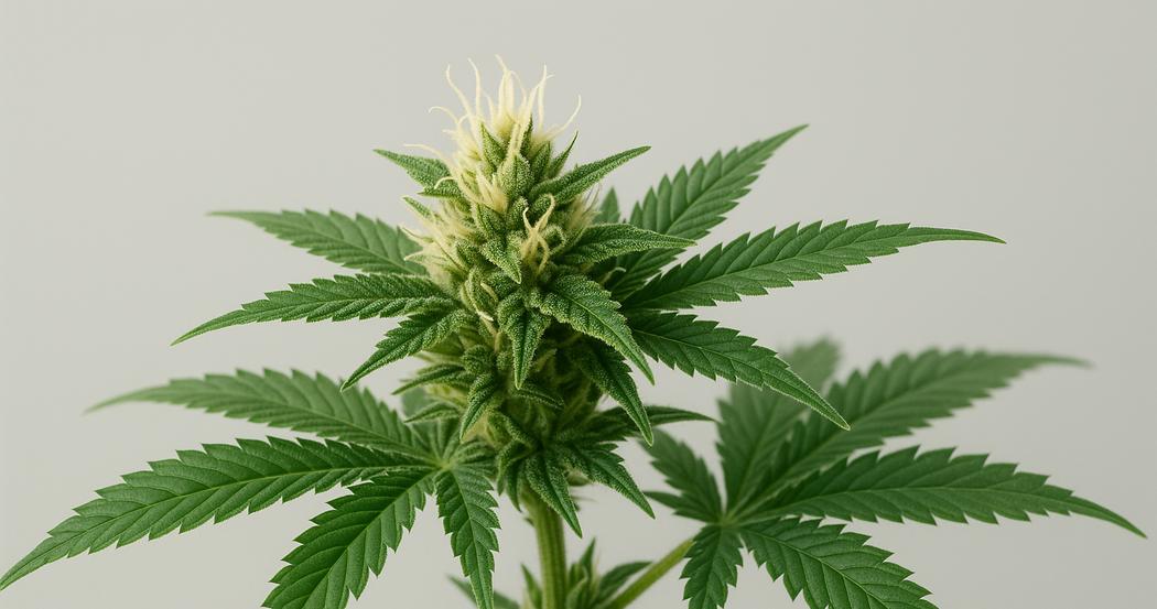 AI Generated Image: Macro side profile of a cannabis flower on the plant showing fine serrations on leaves against a light gray background with warm studio lighting.