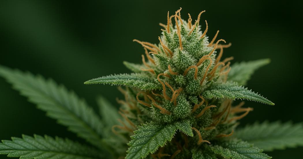 AI Generated Image: Macro side profile of a cannabis flower on the plant showing fine serrations and visible trichomes on a neutral light-gray backdrop.