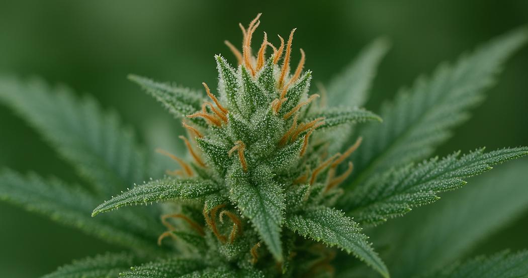 AI Generated Image: Macro side profile of cannabis flower on plant highlighting fine serrated leaves with sparkling resin trichomes on a neutral light-gray background