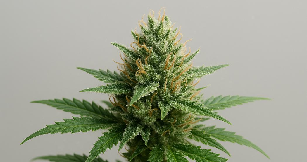 AI Generated Image: Macro side profile 30 degrees of a cannabis flower on the plant with sparkling resin and fine serrations on a light gray background