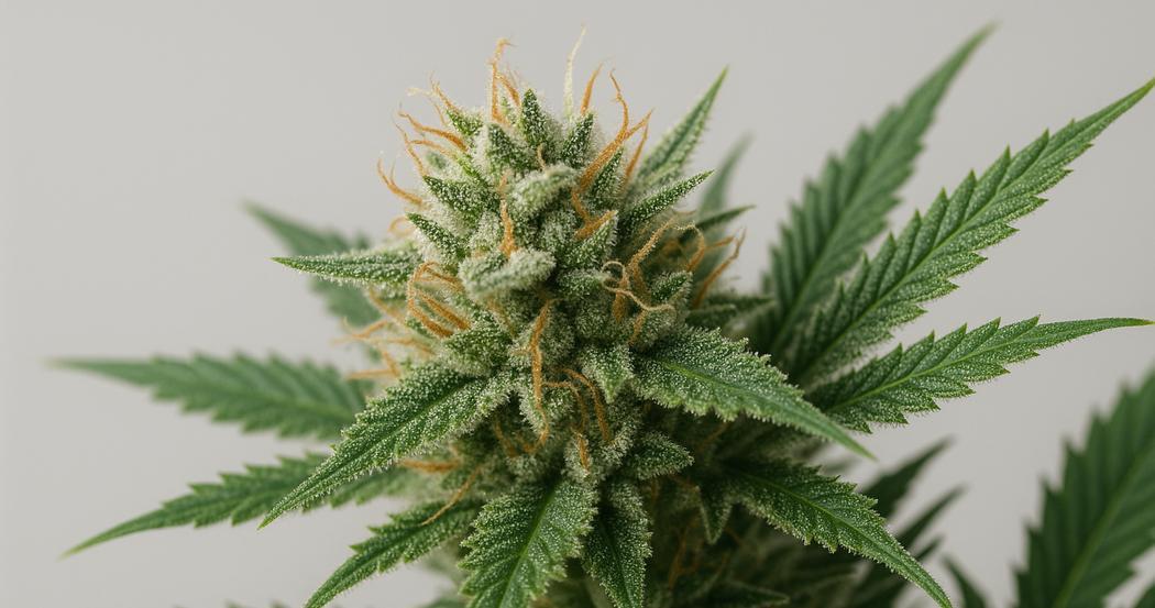 AI Generated Image: Close-up side-profile macro photo of cannabis flower on plant showing fine serrated leaves and sparkling resin trichomes on light gray background.