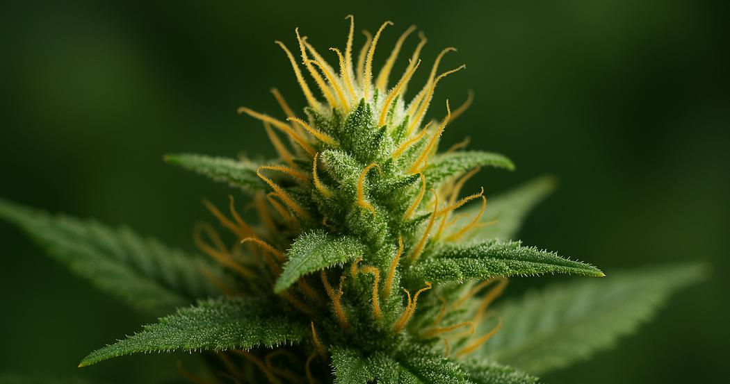 AI Generated Image: Macro side profile 30° shot of a flowering cannabis plant with sparkling resin and fine leaf serrations on a matte charcoal backdrop.