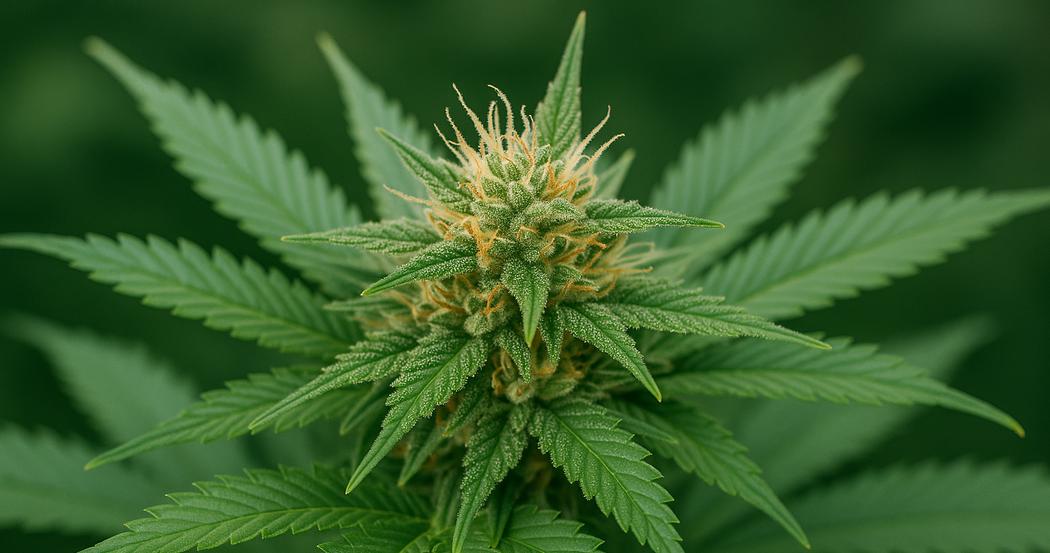 AI Generated Image: Macro side profile of cannabis flower on plant highlighting fine serrated leaves and trichomes on light gray background.