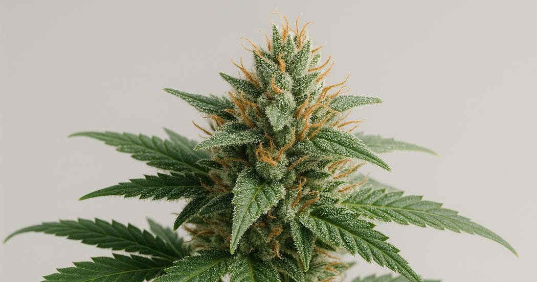 AI Generated Image: Detailed macro side profile of cannabis flower on plant showing sparkling resin trichomes and serrated leaves on light gray background