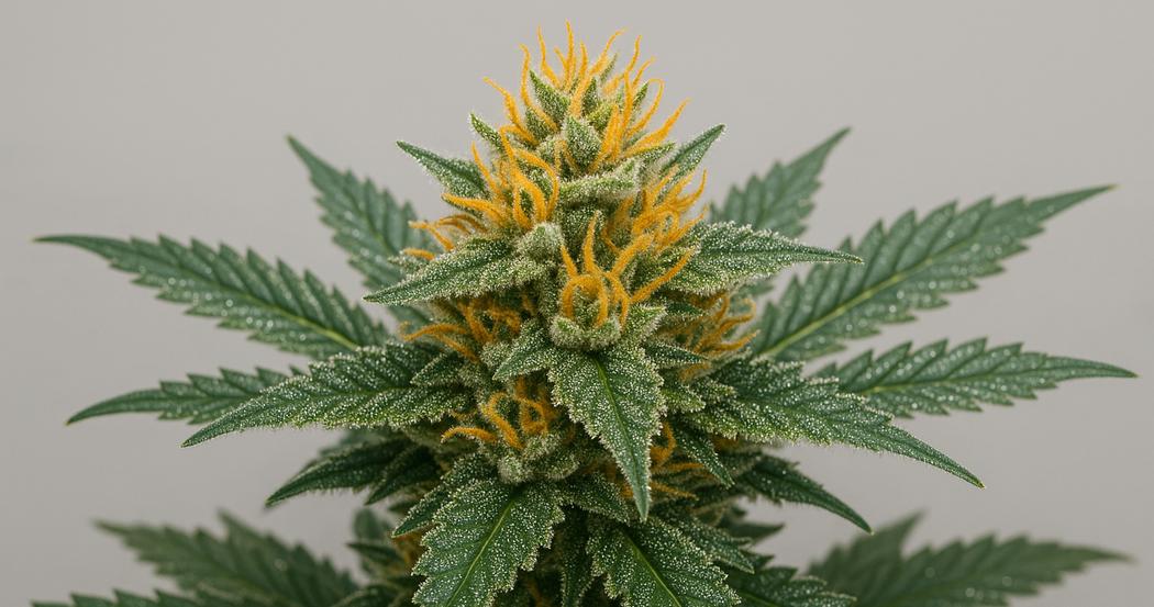 AI Generated Image: Detailed macro side profile of a cannabis flower on the plant with sparkling resin trichomes against a light-gray matte background.