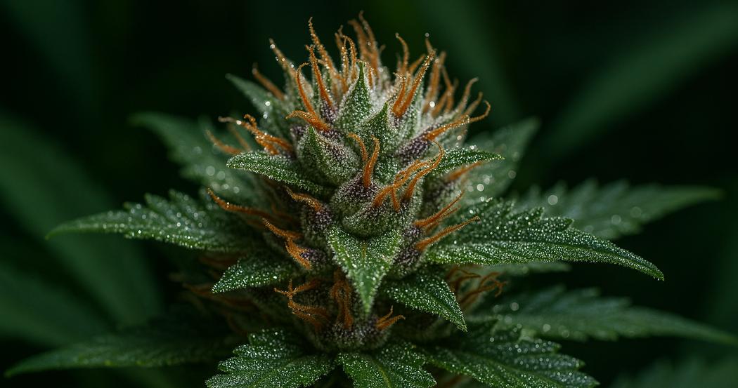 AI Generated Image: Macro studio image of a cannabis flower on the plant with sparkling resin droplets, captured side profile on light gray background