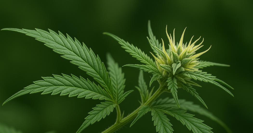 AI Generated Image: Macro side profile of a cannabis flower on the plant vine showing fine serrations on leaf edges and visible trichomes on a neutral light-gray background