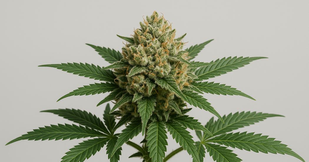 AI Generated Image: Close-up macro image of a cannabis flower on the plant highlighting fine serrations and trichomes on a light-gray background