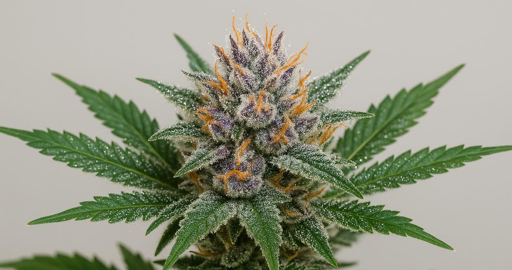 AI Generated Image: Studio macro side profile image of cannabis flower on plant with sparkling resin trichomes on neutral light-gray background