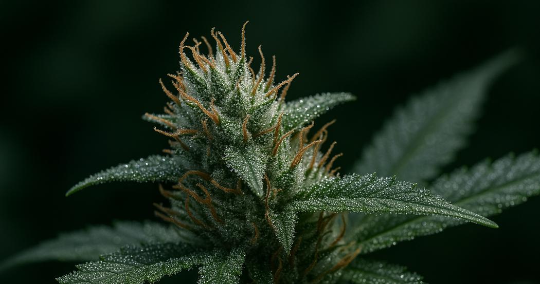 AI Generated Image: Studio macro side profile of cannabis flower on plant covered in sparkling resin trichomes against a light-gray background with warm tones.