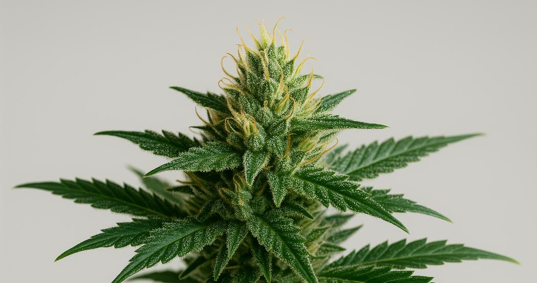 AI Generated Image: Detailed macro photo of cannabis flower on plant with sparkling resin trichomes, side 30° angle on light gray backdrop.