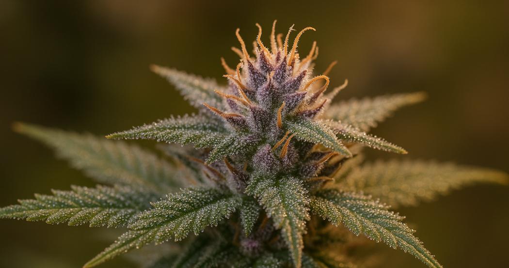 AI Generated Image: Side profile macro shot of flowering cannabis plant with sparkling resin on a neutral light-gray background under warm soft lighting.