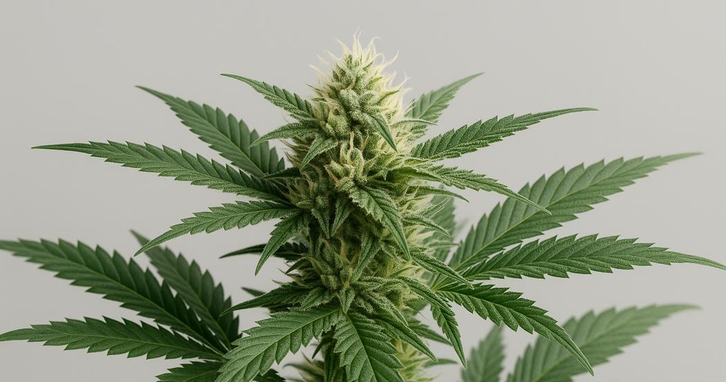 AI Generated Image: Macro side-profile of cannabis flower on plant showing fine serrated leaf edges and sparkling trichomes against a neutral light-gray background.