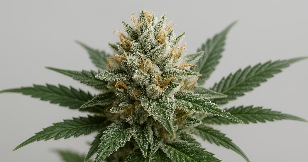 AI Generated Image: Close-up macro image of a cannabis flower on the plant with sparkling resin trichomes, shot at a 30-degree side angle against a light-gray background.