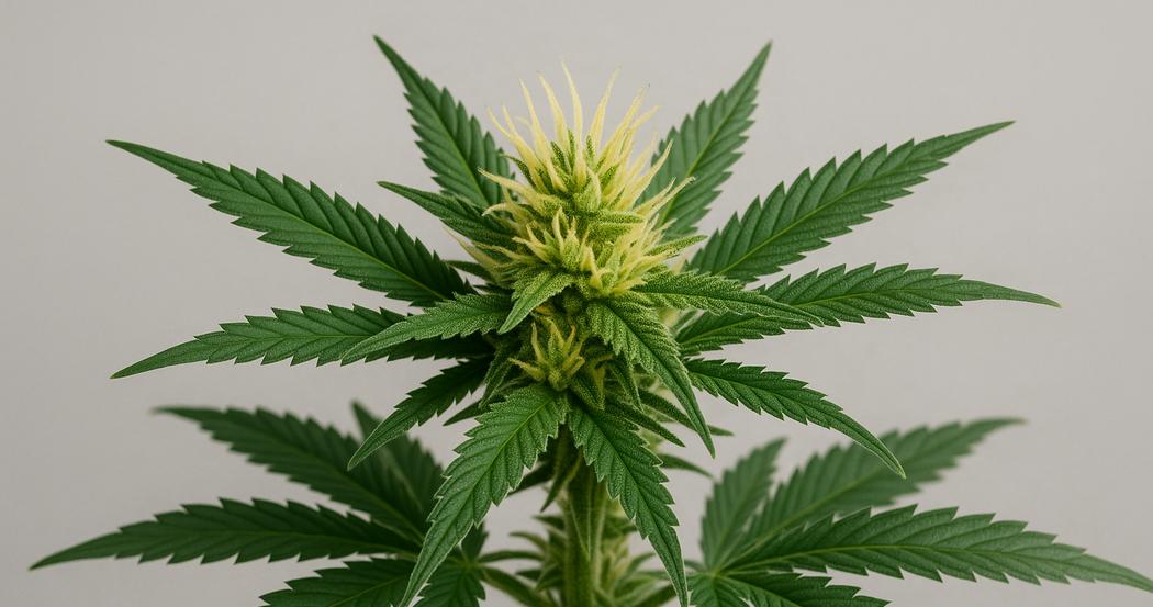 AI Generated Image: Macro side profile of cannabis flower on plant with finely serrated leaves and trichomes against neutral light-gray background under soft warm lighting.