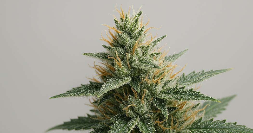 AI Generated Image: Close-up macro side profile of flowering cannabis bud on plant showing sparkling resin trichomes against a light gray background