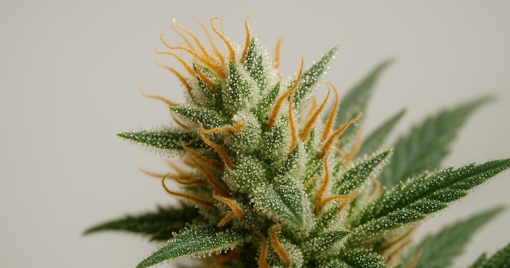 AI Generated Image: Macro side profile of cannabis flower on plant showing sparkling resin trichomes and fine serrations on light-gray background
