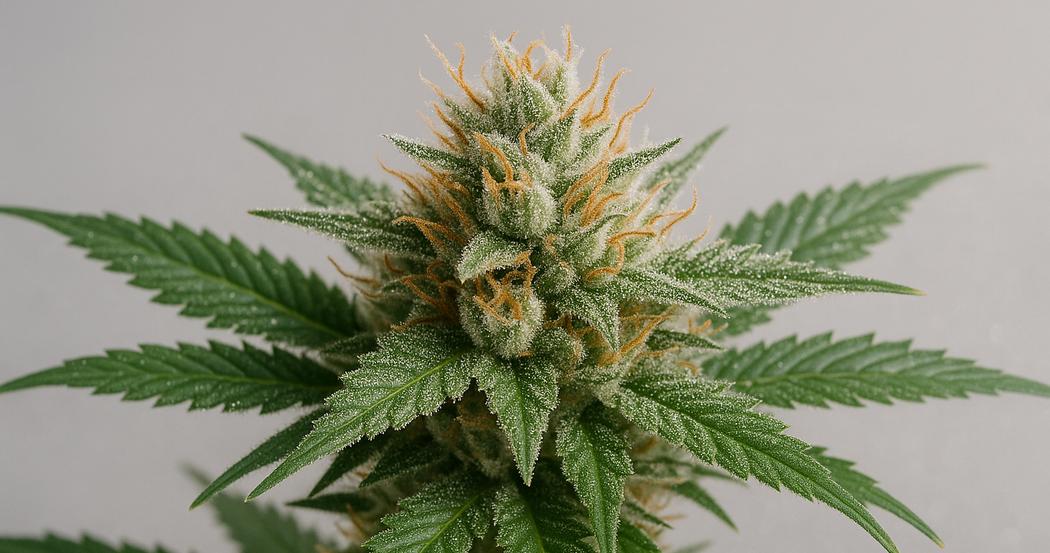 AI Generated Image: Macro studio image of a cannabis flower on the plant covered in sparkling resin trichomes against a neutral light-gray background with warm lighting.