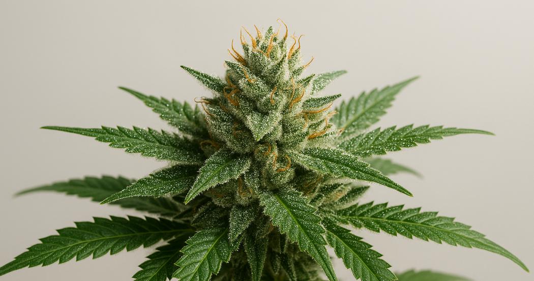 AI Generated Image: Close-up side profile of cannabis flower on plant with sparkling resin trichomes and fine serrated leaves against a neutral light-gray backdrop