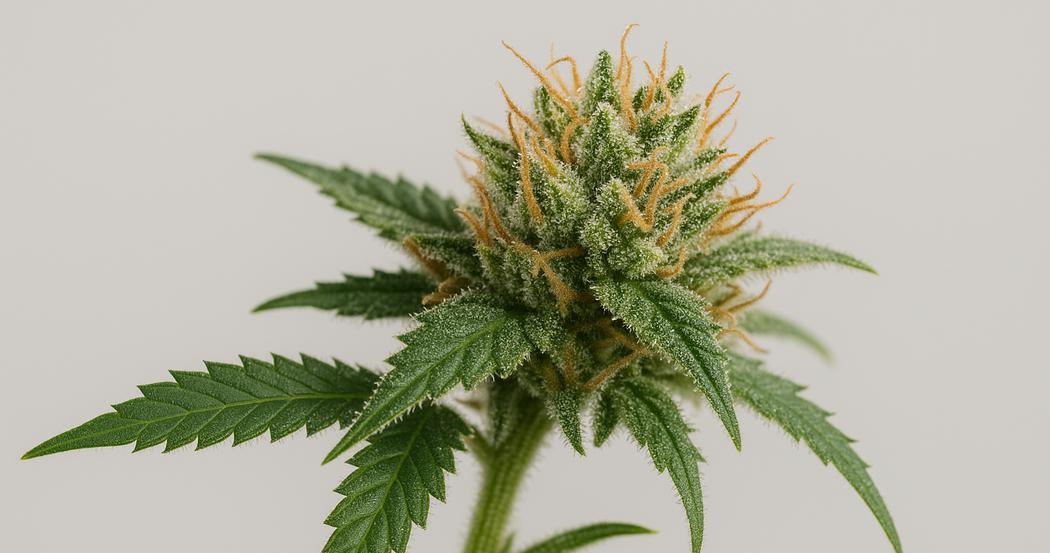 AI Generated Image: Macro studio image of cannabis flower on plant vine showing detailed leaf serrations and natural texture on light-gray background