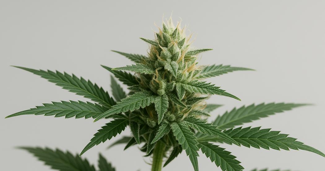 AI Generated Image: Side profile 30-degree macro of a cannabis flower on the plant showing fine serrated leaves and sparkling resin trichomes against a neutral light-gray backdrop.