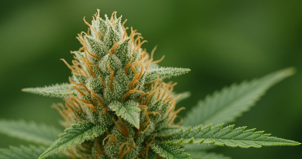 AI Generated Image: Macro side profile of cannabis flower on vine showing fine serrated leaf edges and trichomes on matte charcoal background