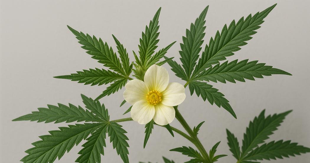 AI Generated Image: Macro side profile of a cannabis flower on the vine highlighting fine serrated leaves and visible trichomes on light gray background