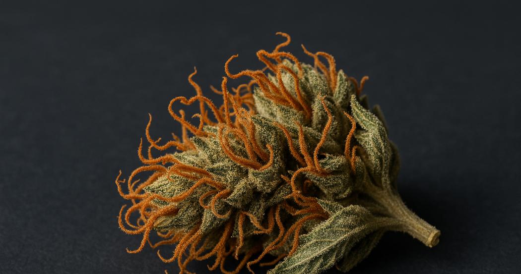 AI Generated Image: Macro image of a drying cannabis flower with curling orange pistils and crystal-coated surface on a charcoal background under cool studio light.