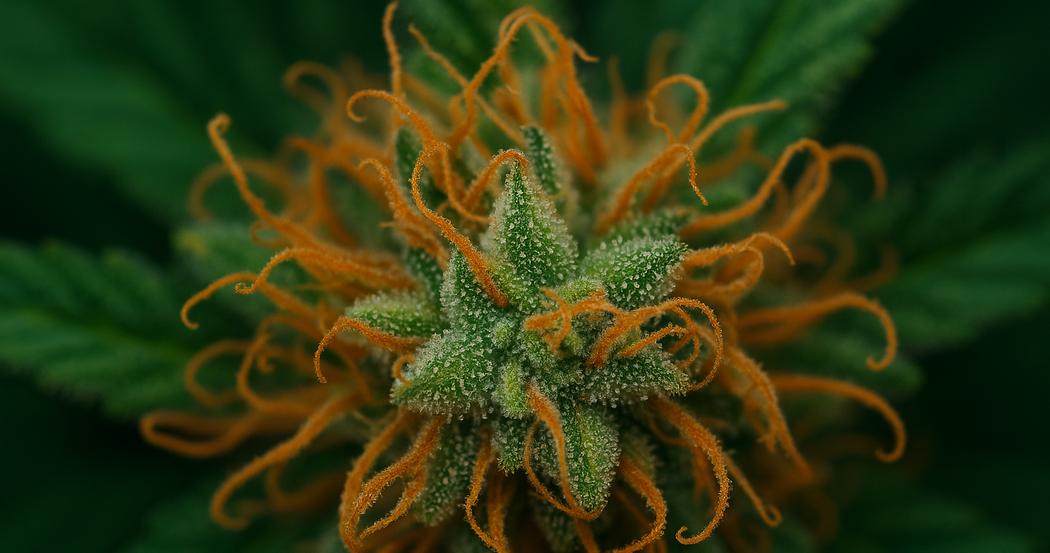 AI Generated Image: Top-down macro image of a drying cannabis flower with sparkling resin and curling orange pistils on a matte charcoal background.