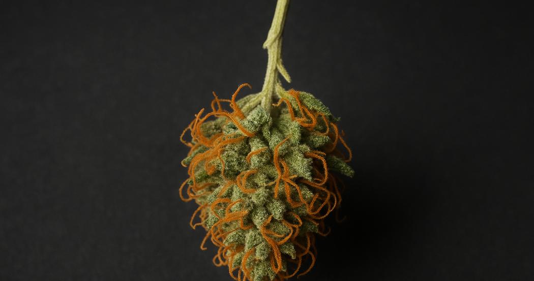 AI Generated Image: Top-down macro view of a drying cannabis flower with curling orange pistils and crystal resin on a charcoal matte background.