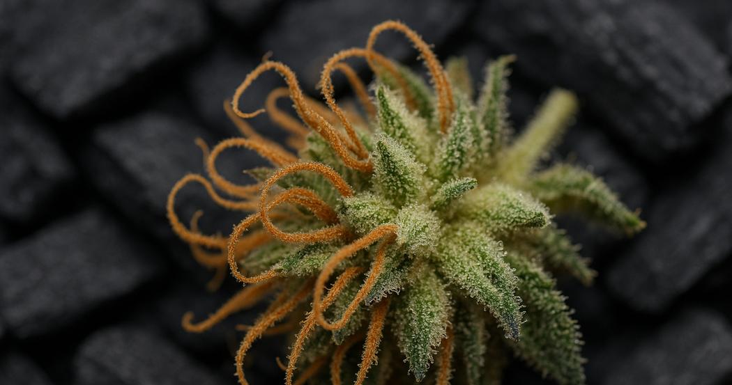 AI Generated Image: Top-down macro image at 15° of drying cannabis flower showing crystal-coated surface and curling orange pistils on a matte charcoal background