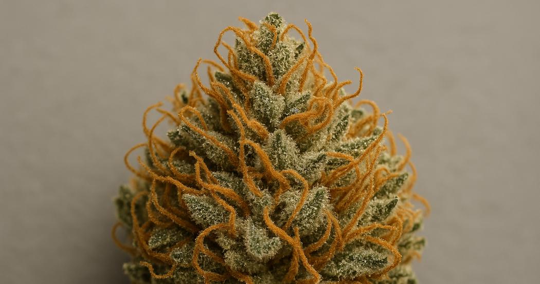 AI Generated Image: Top-down 20 degree macro shot of drying cannabis flower with curling orange pistils and crystal frost on charcoal background