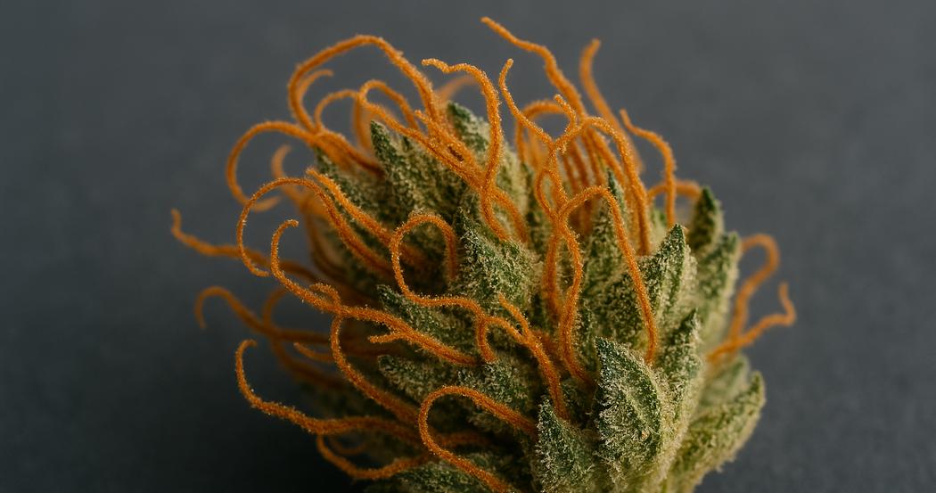 AI Generated Image: Top-down macro image of drying cannabis flower featuring curling orange pistils and frosted trichomes on dark matte background.