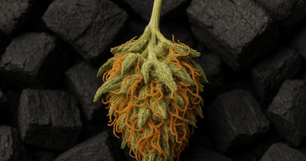 AI Generated Image: Top-down macro view of drying cannabis flower with curling orange pistils and crystalline trichomes on charcoal background