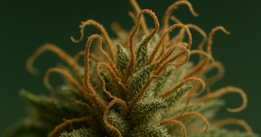 AI Generated Image: Top-down 15° macro shot of a drying cannabis flower with sparkling crystal trichomes and curling orange pistils on a neutral light-gray background.
