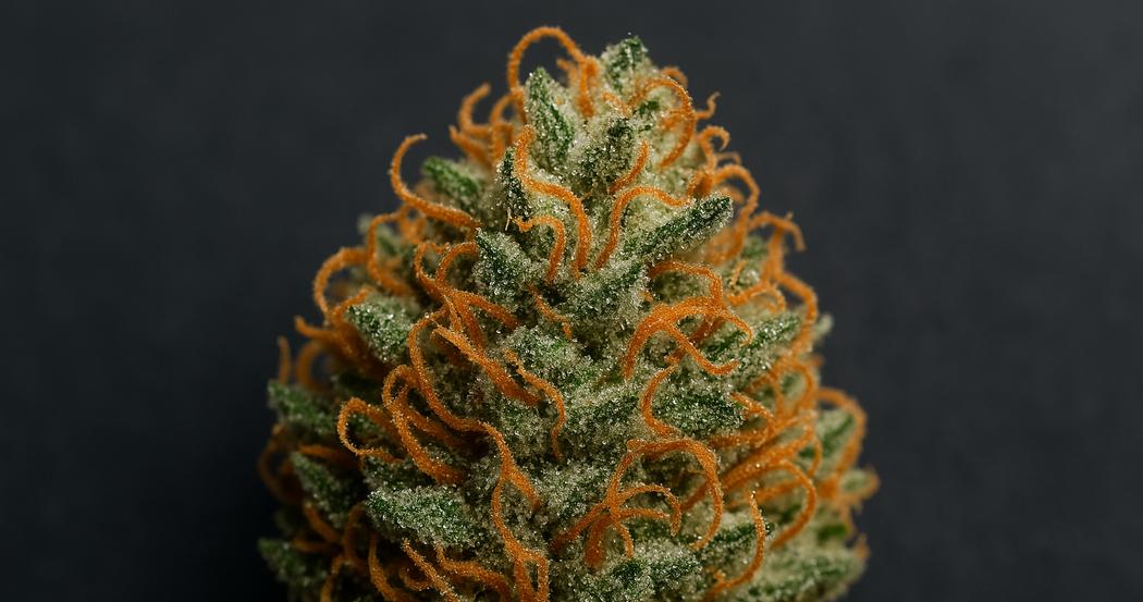 AI Generated Image: Top-down macro image of a drying cannabis flower with sparkling resin and curling orange pistils on a matte charcoal background