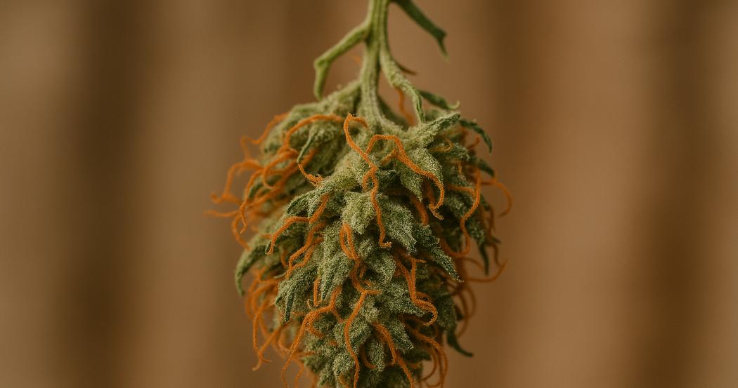 AI Generated Image: Top-down macro photograph of drying cannabis flower with crystal-coated surface and curling orange pistils on matte charcoal background.