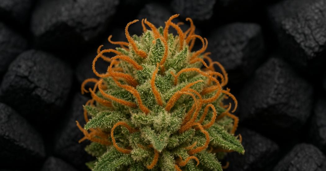 AI Generated Image: Top-down macro shot of drying cannabis flower featuring crystal trichomes and curling orange pistils against a matte charcoal background