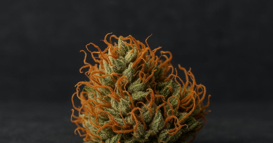 AI Generated Image: Top-down macro image of a drying cannabis flower with crystal trichomes and curling orange pistils on a matte charcoal background.
