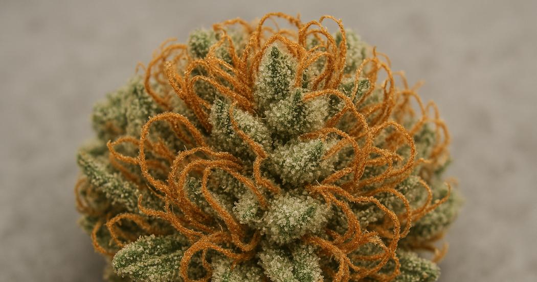 AI Generated Image: Top-down 15° macro of drying cannabis flower with curling orange pistils and crystal-coated trichomes on matte charcoal background