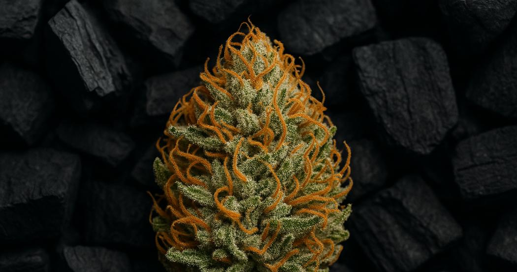 AI Generated Image: Top-down macro view of a drying cannabis flower with crystal trichomes and curling bright orange pistils on a matte charcoal background under cool studio lighting.