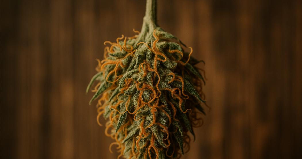 AI Generated Image: Studio macro close-up of drying cannabis flower with curling orange pistils and crystal trichomes on a matte charcoal background