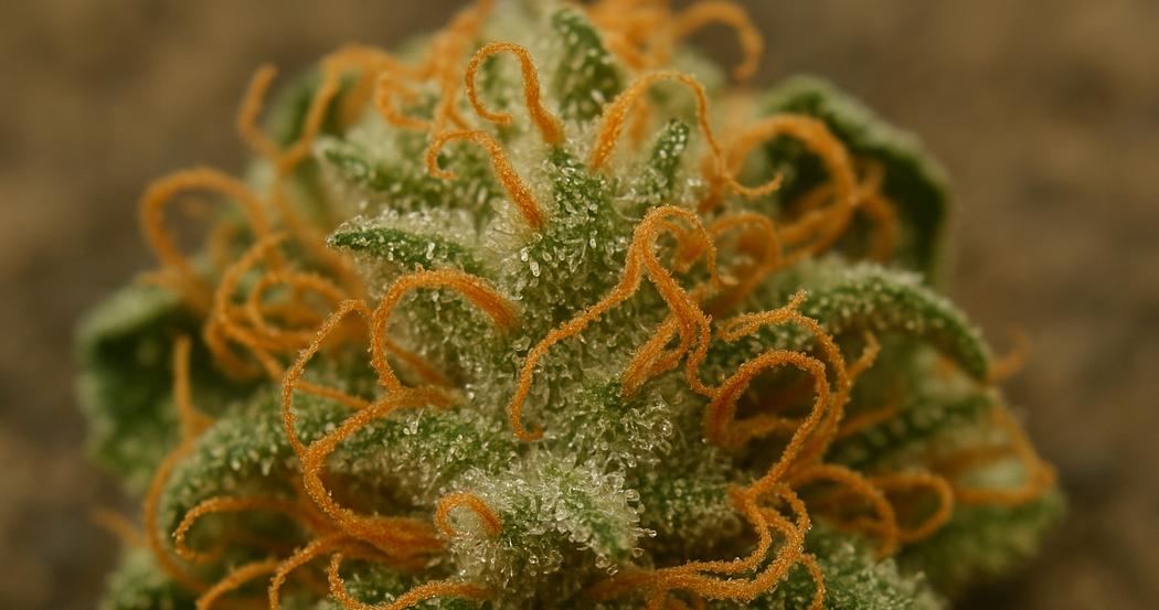 AI Generated Image: Studio macro top-down 15° view of drying cannabis flower with crystal coating and curling orange pistils on matte charcoal background