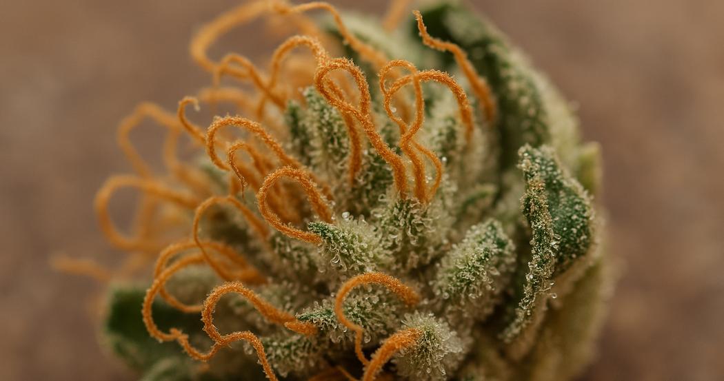 AI Generated Image: Top-down macro view of a drying cannabis flower with amber crystals and curling orange pistils on a dark charcoal background