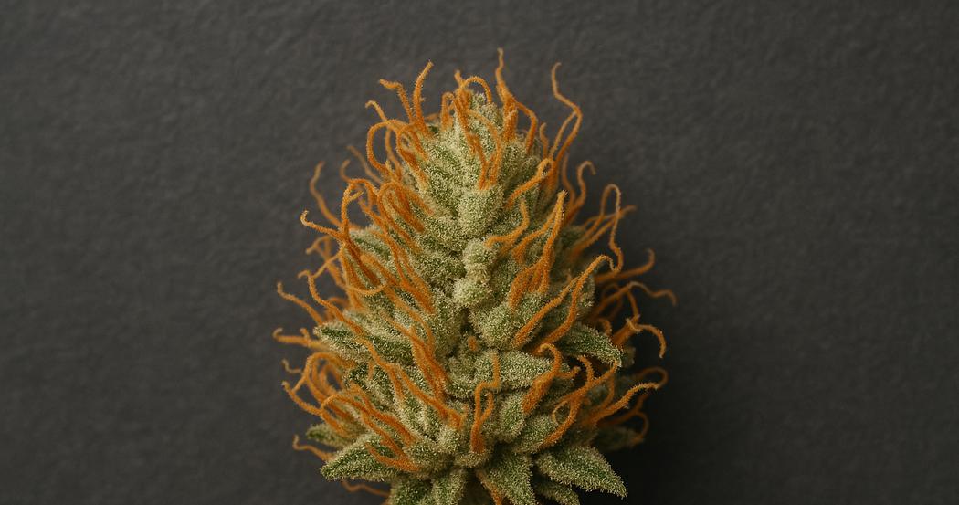 AI Generated Image: Top-down macro view of a drying cannabis flower with curling orange pistils and amber frost on a charcoal background